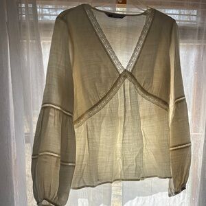 SO Cream V-Neck Lace-Trim Peasant Blouse